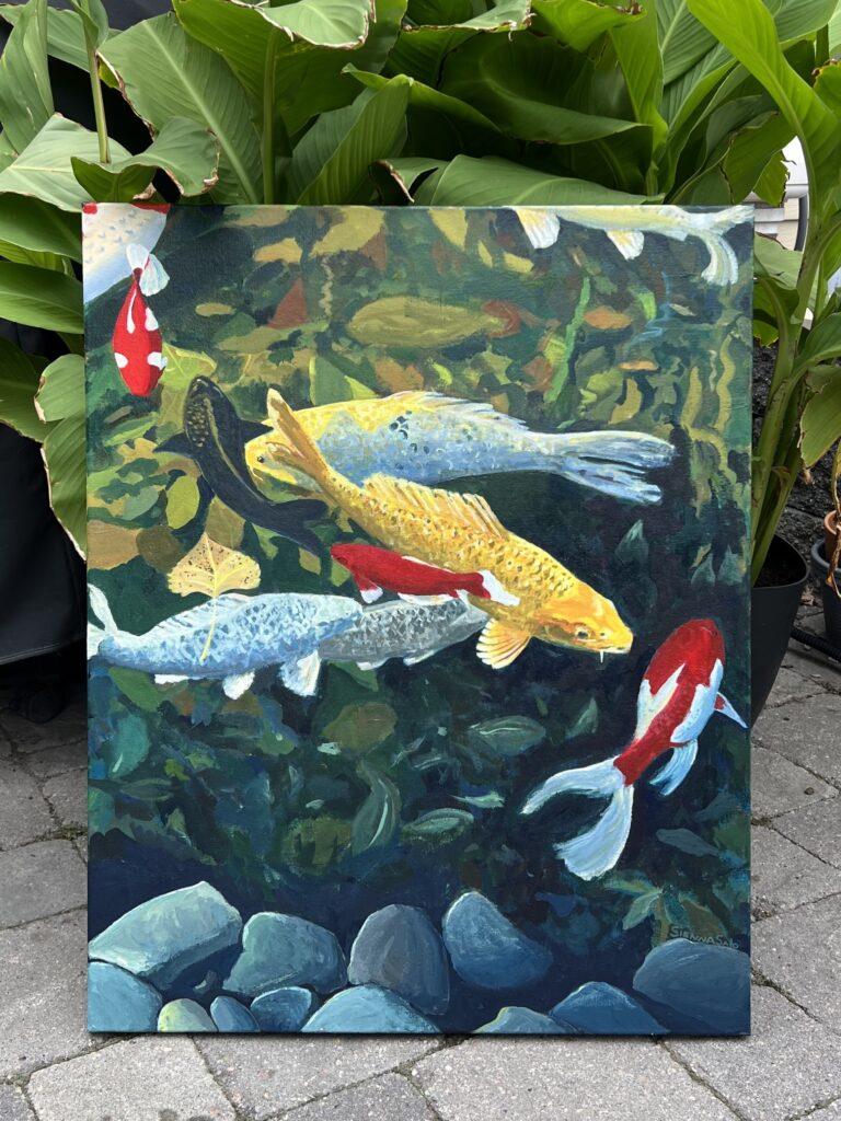 Acrylic painting of Koi fish in an autumn pond.
